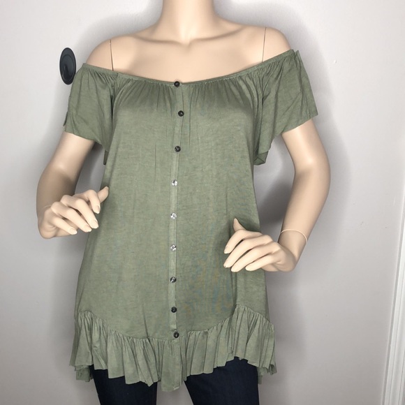 Olive off shoulder Boho style top - Picture 3 of 10